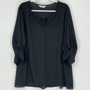 Agnes Orinda Black Roll Tab Sleeve Blouse 3X Sheer Chiffon‎ Tunic Office Holiday